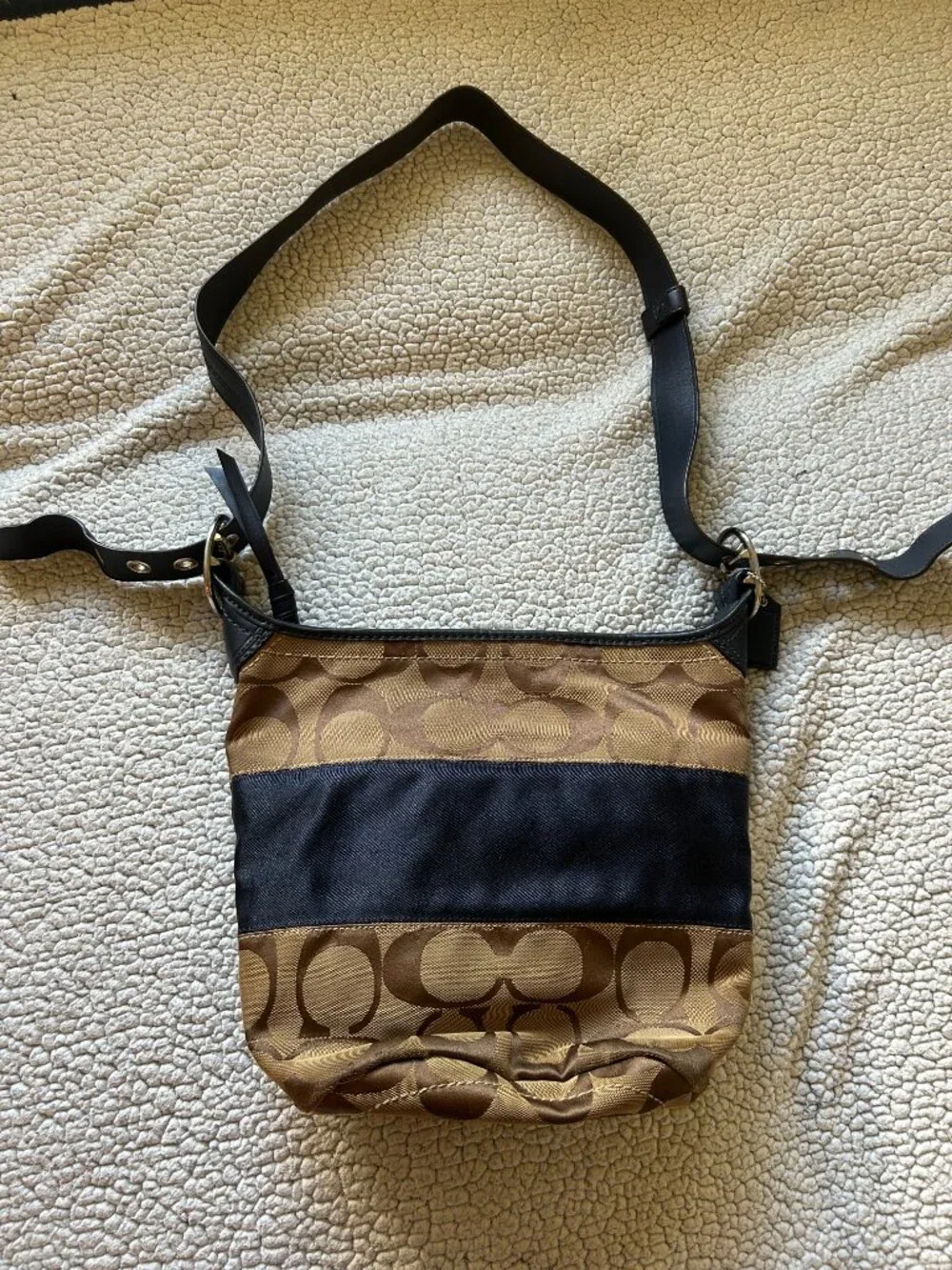 Coach -- tan/ brown signature C canvas, rugby duffel tote, blue stripe/ strap